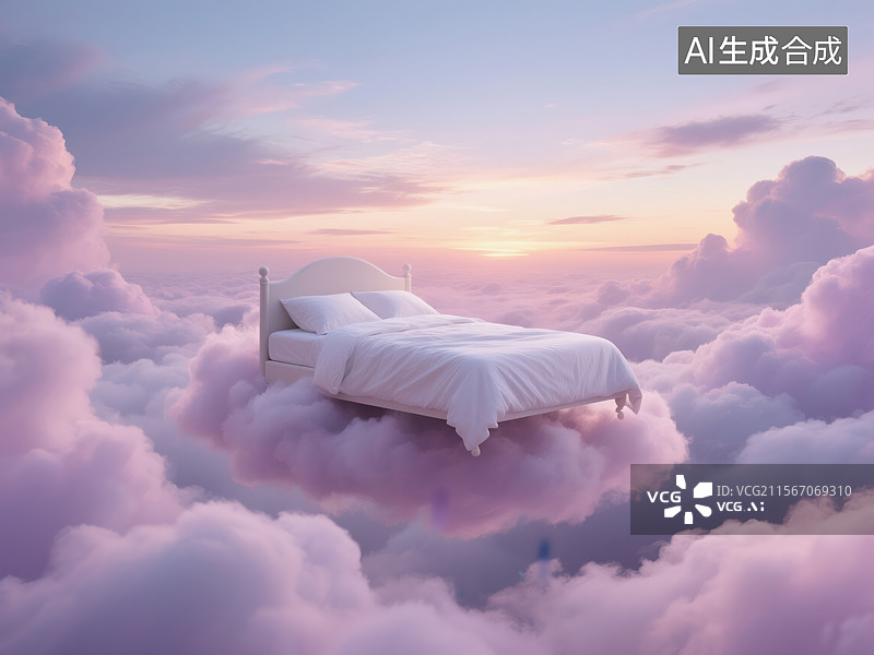 【AI数字艺术】云端梦幻：漂浮于云海之上的宁静之床图片素材