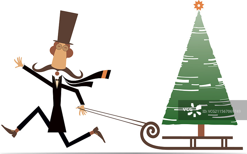 戴着高顶帽的男人在雪橇上运送一棵圣诞树图片素材