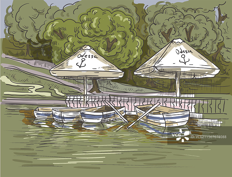 城市景观中的休闲伞和咖啡馆插图图片素材