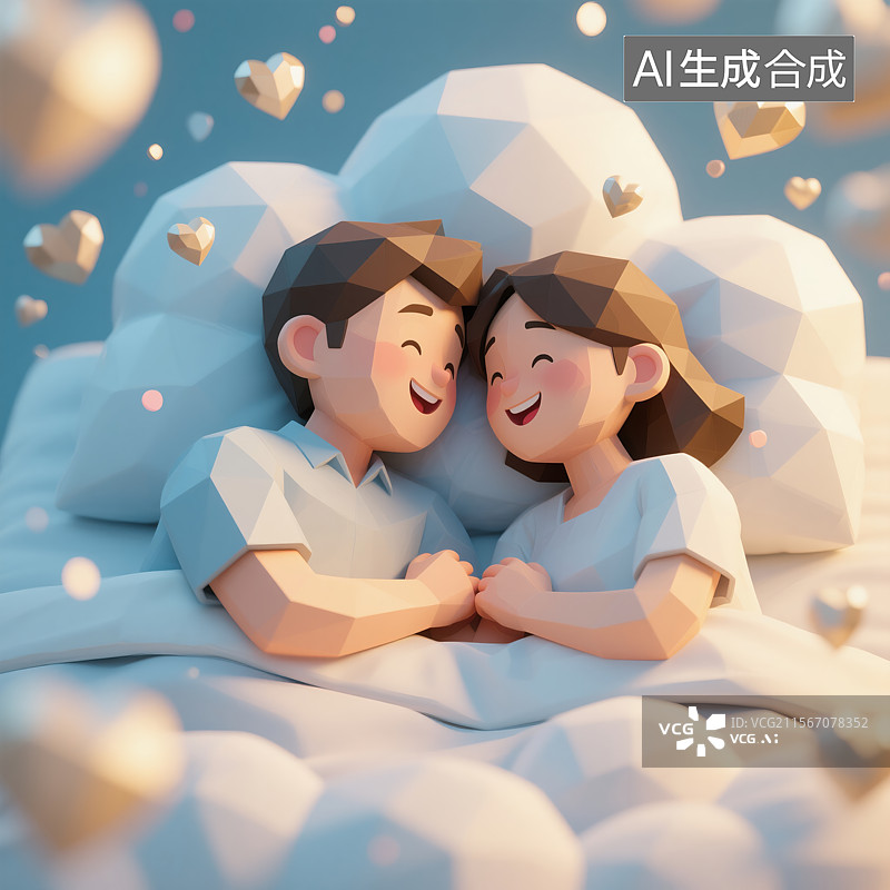 【AI数字艺术】低多边形风格情侣云端浪漫共枕场景图片素材