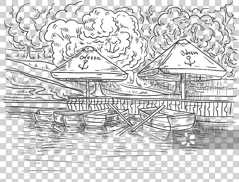 城市景观中的休闲伞和咖啡馆插图图片素材