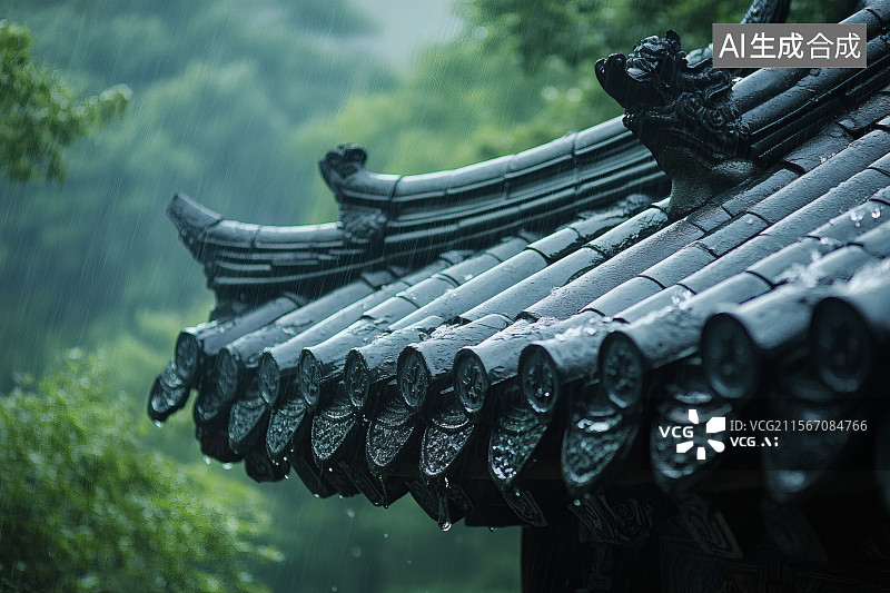 【AI数字艺术】谷雨，雨滴打落在屋顶瓦片上图片素材