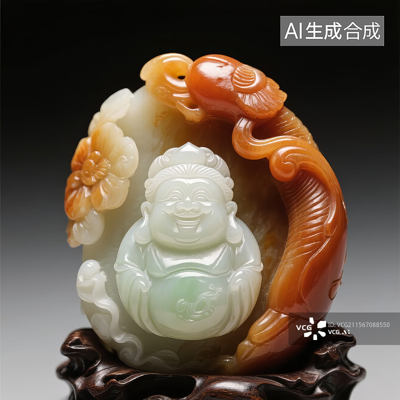 【AI数字艺术】玉雕笑佛与花卉图案图片素材