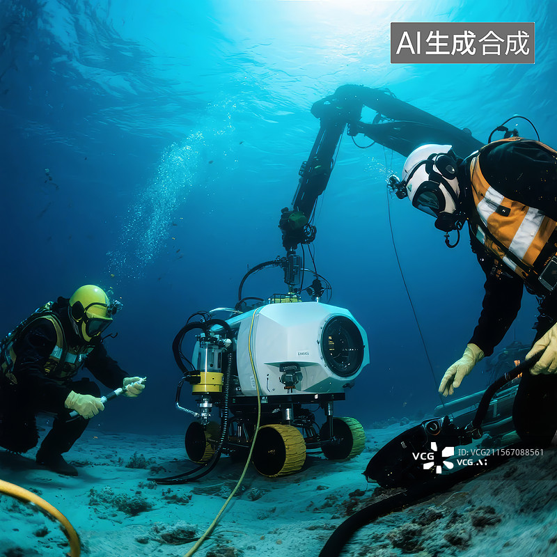 【AI数字艺术】潜水员与水下机器人进行作业图片素材