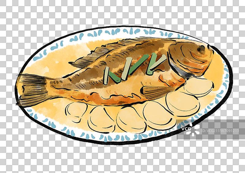 国潮风端午节美食插画元素-家烧大黄鱼图片素材