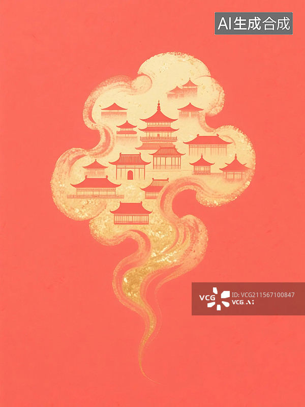 【AI数字艺术】红色背景上金色云朵中浮现传统中式建筑群图片素材