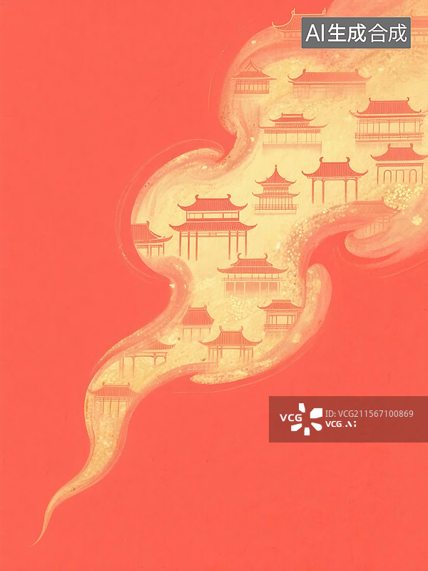 【AI数字艺术】红色背景上金色云朵中浮现传统中式建筑群图片素材
