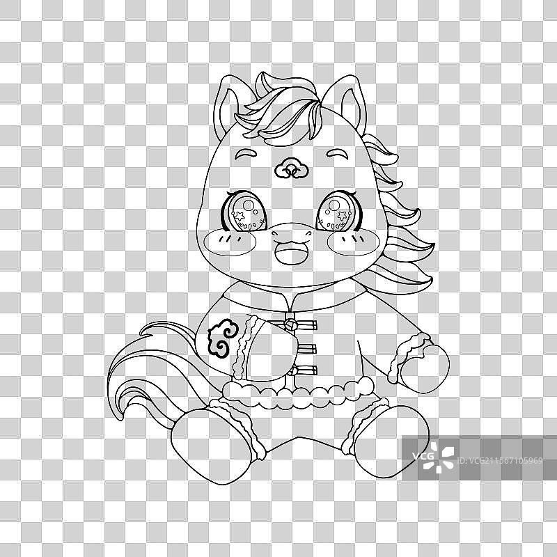 年年有余生肖马IP坐在莲花里抱鲤鱼，鲤鱼嘴里有铜钱图片素材