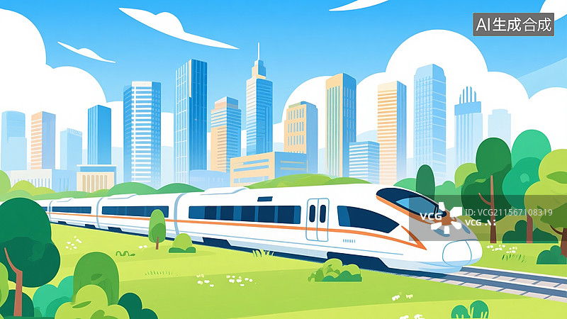 【AI数字艺术】高铁于城市绿地间穿行图片素材