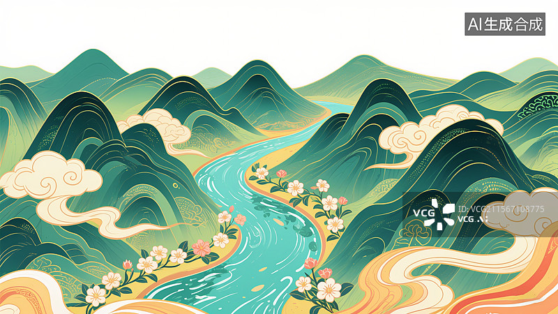 【AI数字艺术】青绿山水风格插画风景图片素材