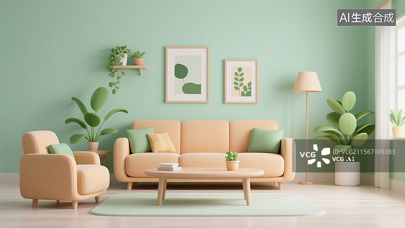 【AI数字艺术】绿色系温馨现代客厅场景图片素材