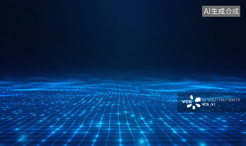 【AI数字艺术】呈现蓝色网格光线效果的未来感科技数字虚拟空间画面图片素材
