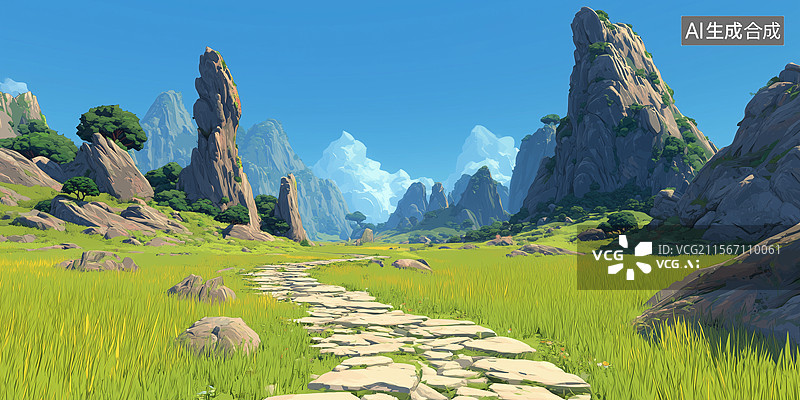 【AI数字艺术】手绘山地石径风景图图片素材