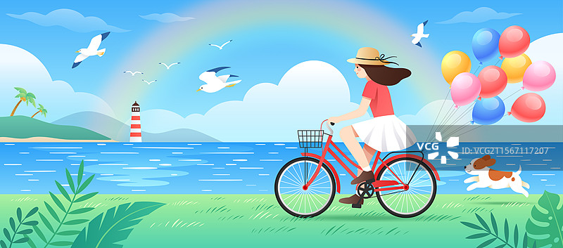 一个戴遮阳帽年轻时尚女性女孩少女美女在海边骑自行车运动骑行和海景风光青春浪漫清新卡通手绘矢量插画图片素材