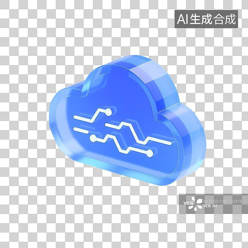 【AI数字艺术】蓝色透明云朵电路网络数据图标图片素材