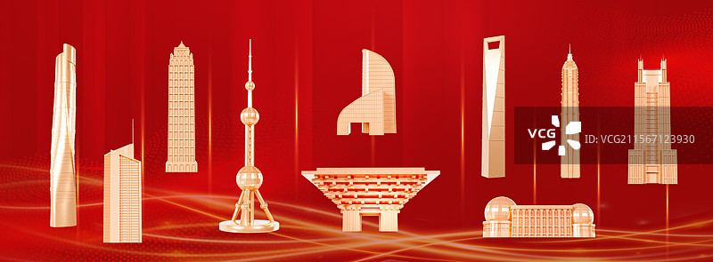 红色科技感上海城市年会展板科技风格年终总结背景插画图片素材