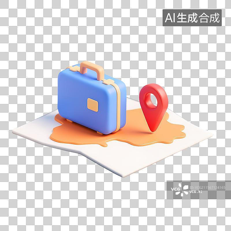 【AI数字艺术】蓝橙配色旅行箱与地图定位标识图片素材