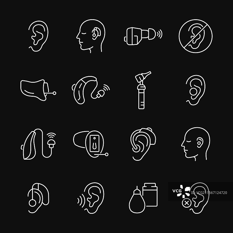 黑色背景上的白色助听器线条图标集图片素材