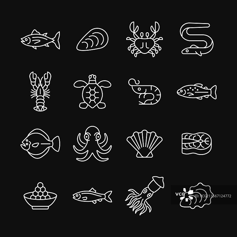 黑色背景上的海鲜线条白色图标集图片素材