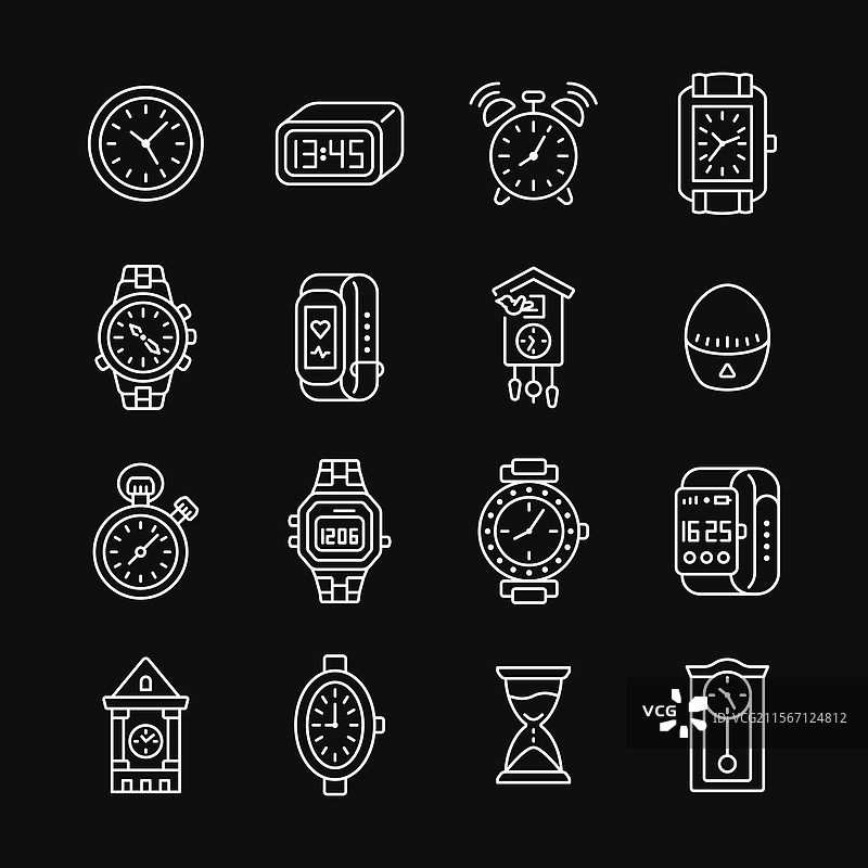 黑色背景上的白色时钟线图标集图片素材