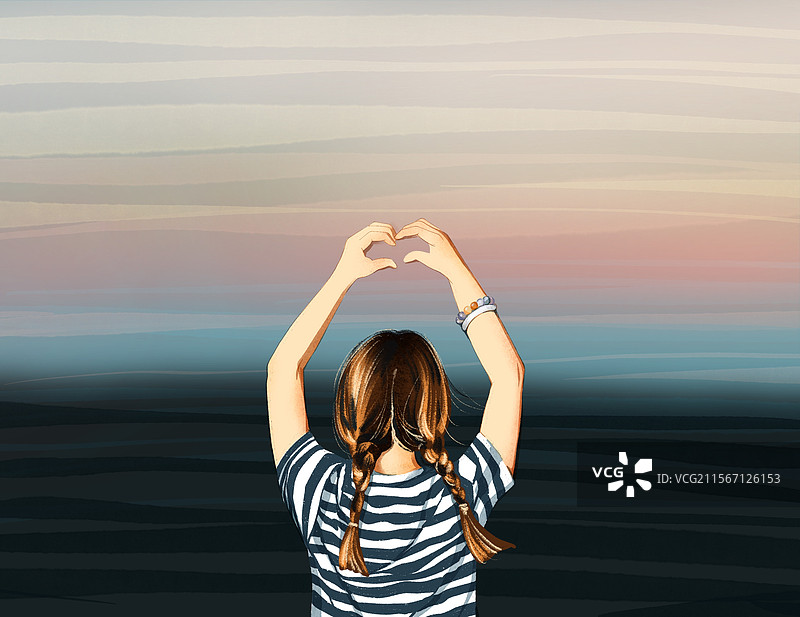 作爱心手势的女孩背影图片素材