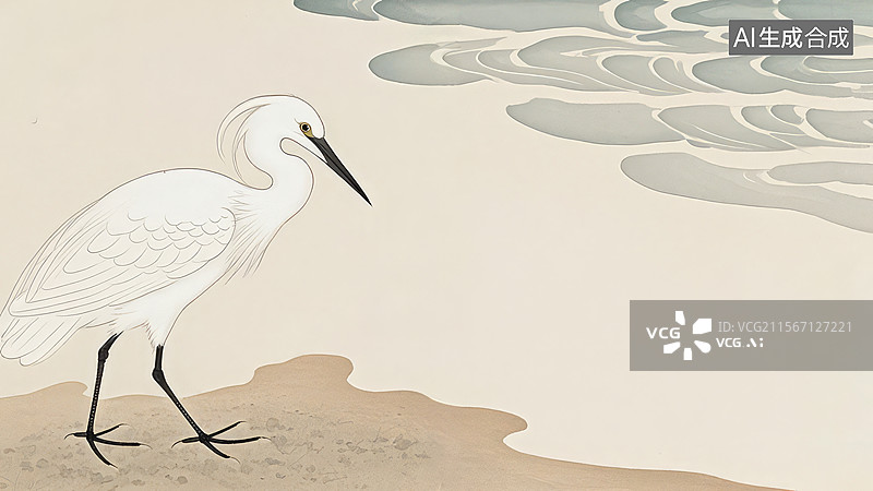 【AI数字艺术】水墨画两侧1白鹭站在水边图片素材