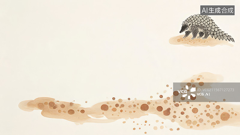 【AI数字艺术】水墨画两侧1穿山甲在沙地上行走图片素材