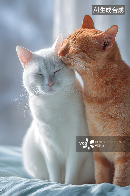 【AI数字艺术】猫，白色，橙色，亲密图片素材