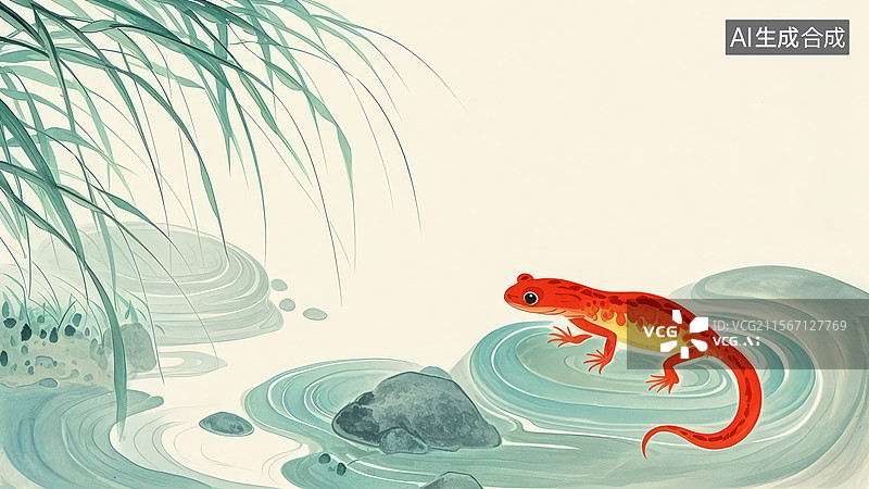 【AI数字艺术】红色蝾螈在水中游动图片素材