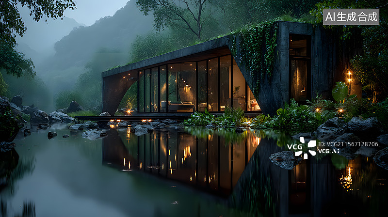 【AI数字艺术】水,别墅图片素材