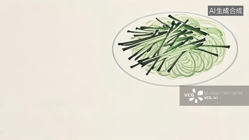 【AI数字艺术】水墨画右上1盘中的绿色蔬菜条图片素材