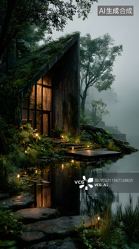 【AI数字艺术】水,别墅图片素材