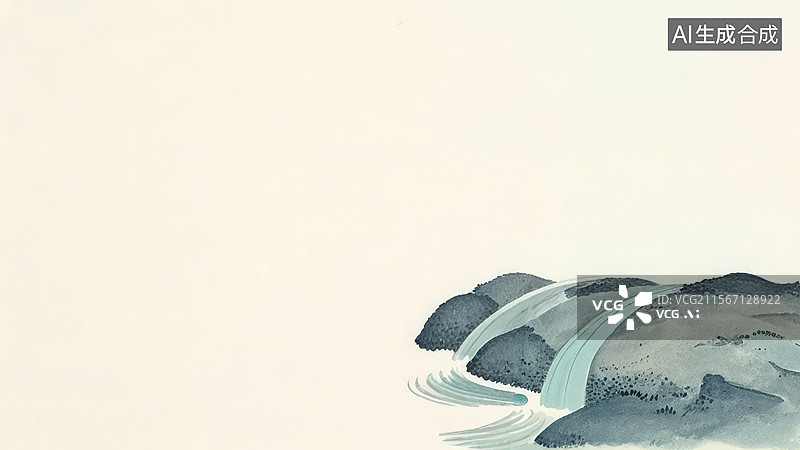 【AI数字艺术】水墨画右下1水墨画中的瀑布与山石图片素材