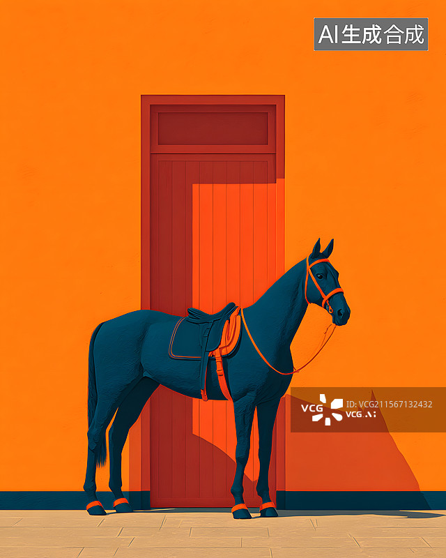 【AI数字艺术】橙色背景的蓝色马图片素材