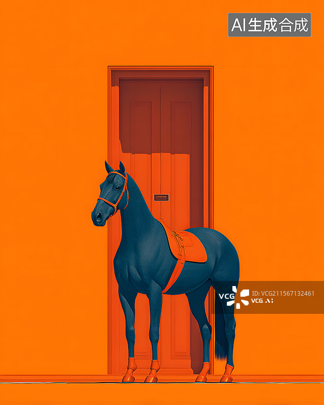 【AI数字艺术】橙色背景的蓝色马图片素材
