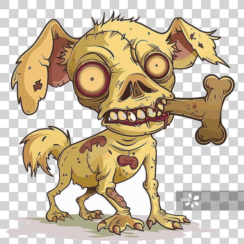 搞笑的僵尸狗，垂耳朵和一根被咬过的骨头图片素材