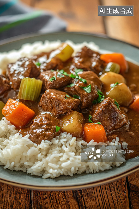 【AI数字艺术】香浓牛肉炖菜配米饭图片素材