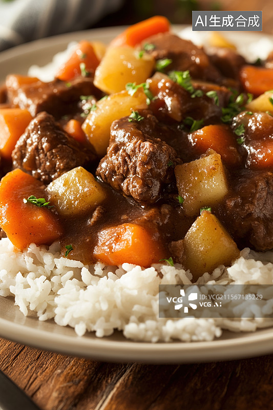【AI数字艺术】香浓牛肉炖菜配米饭图片素材