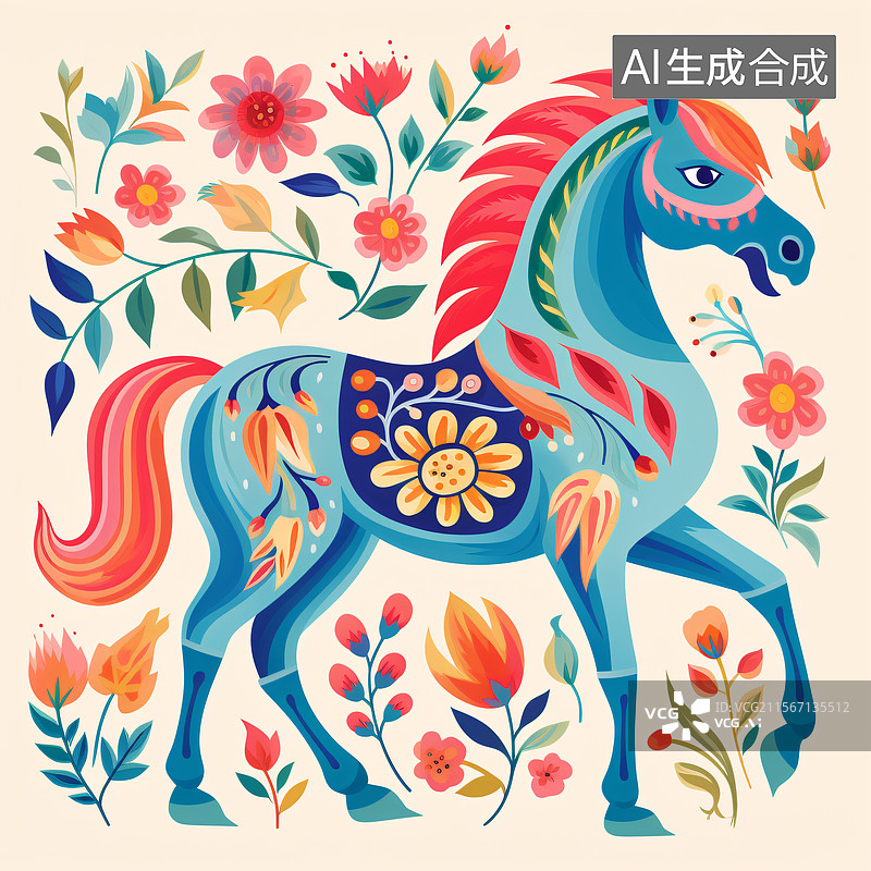 【AI数字艺术】多彩花卉装饰的骏马图图片素材