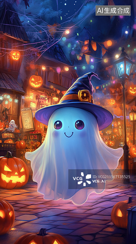 【AI数字艺术】万圣节南瓜灯和幽灵装饰图片素材