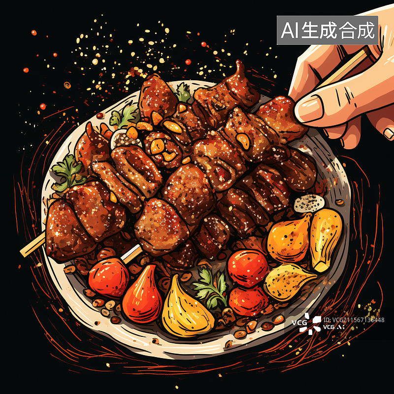 【AI数字艺术】手绘烤肉美食插画图图片素材
