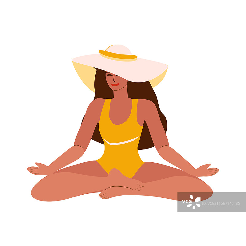 年轻的晒黑女性穿着泳衣和帽子在冥想图片素材