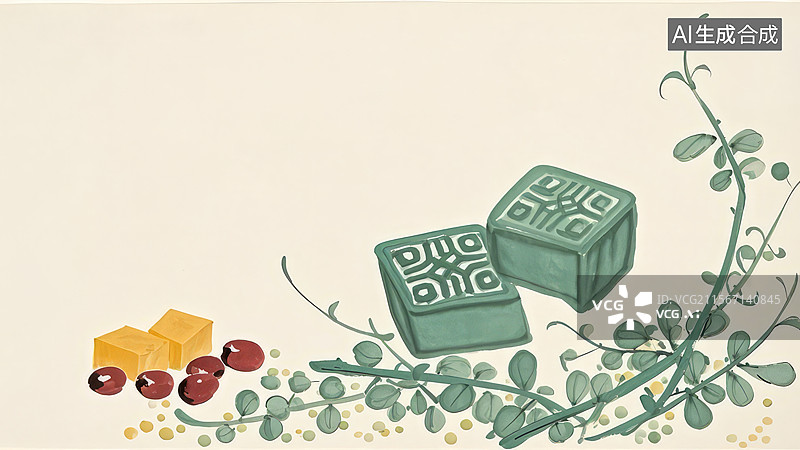 【AI数字艺术】水墨画右下1传统糕点与绿叶插画图片素材