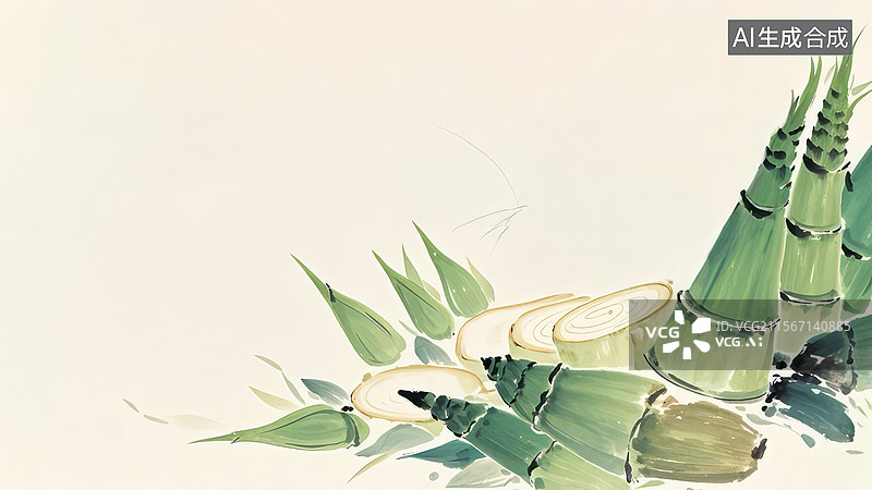 【AI数字艺术】水墨画右下1竹笋与竹叶的水墨画图片素材