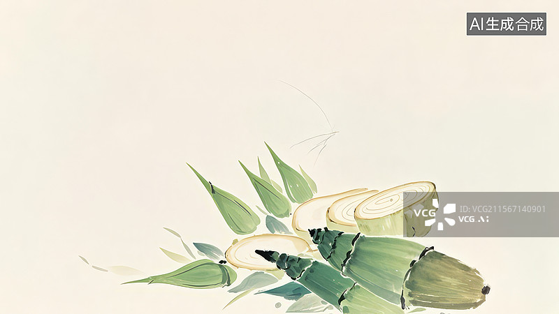 【AI数字艺术】水墨画右下1竹笋与竹叶的静物画图片素材