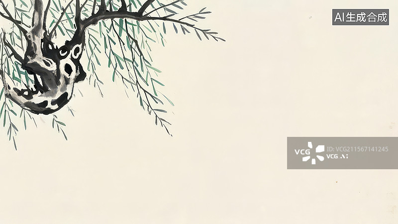 【AI数字艺术】水墨画左上1水墨画中的松树枝图片素材