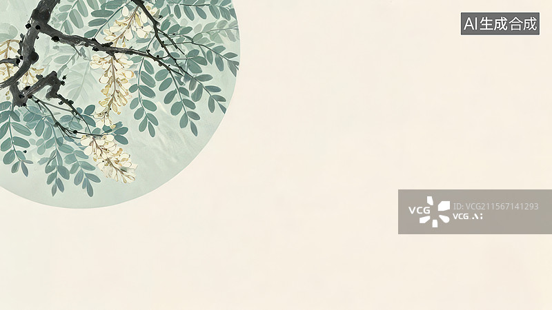 【AI数字艺术】水墨画左上1圆形背景中的树枝与花朵图片素材