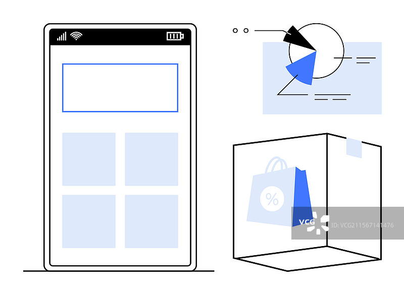 移动购物应用界面，带有数据图表和图片素材