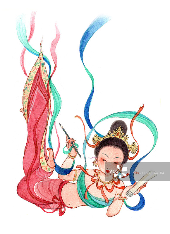 水彩手绘敦煌飞天图片素材
