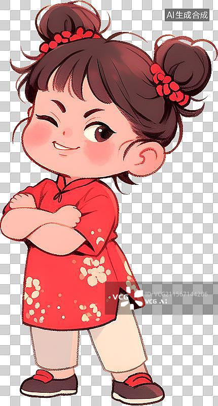 【AI数字艺术】国风旗袍喜庆小女孩-双手抱胸图片素材
